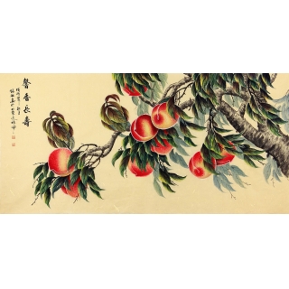 【已售】张琳四尺横幅花鸟画作品寿桃《聲香长寿》