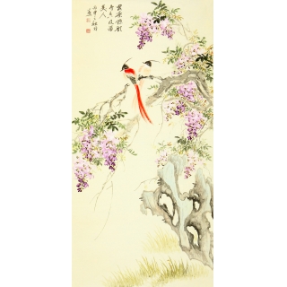  【已售】皇甫小喜小写意四尺竖幅花鸟画 紫藤图
