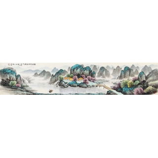 杨炳钧六尺对开山水画作品《春满乾坤福满门》