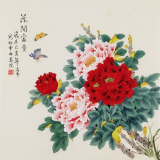 凌雪斗方工笔国画牡丹图《花开富贵》