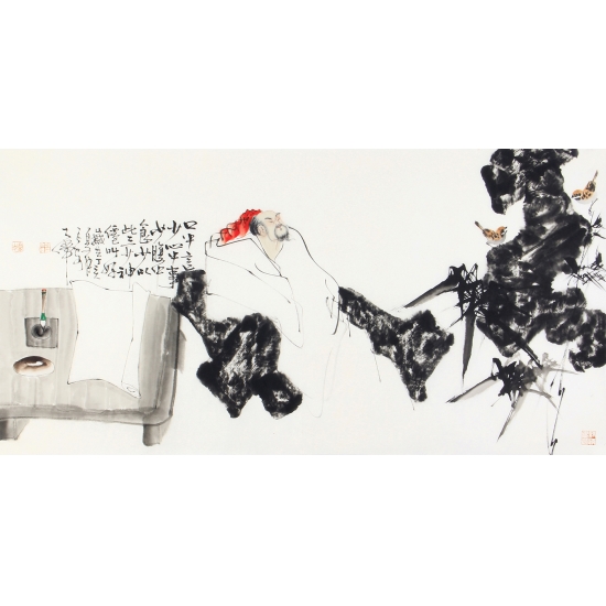 中美协会员赵大伟四尺横幅人物画高士图《口中言少心中事》