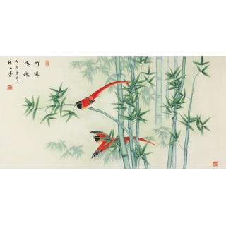 张洪山四尺横幅花鸟画竹子《竹林情趣》