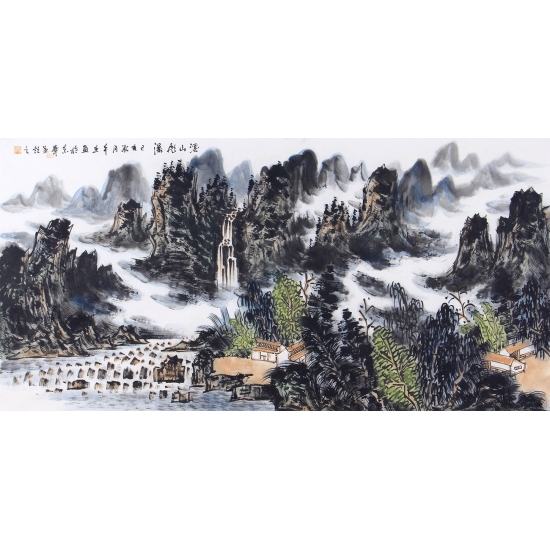 中国美协会员王本杰四尺横幅山水画《溪山飞瀑》