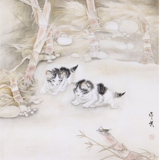 【已售】马作武工笔斗方动物画猫《猫趣图》