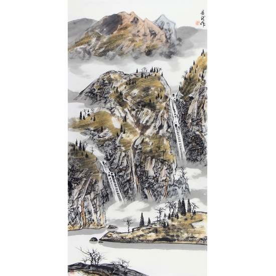 中美协会员王居龙四尺竖幅写意山水画《秋谷响泉》