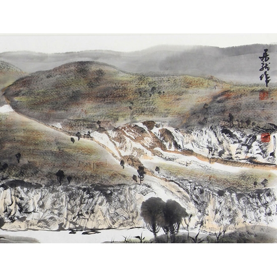 中美协会员王居龙四尺横幅山水画《溪山情》