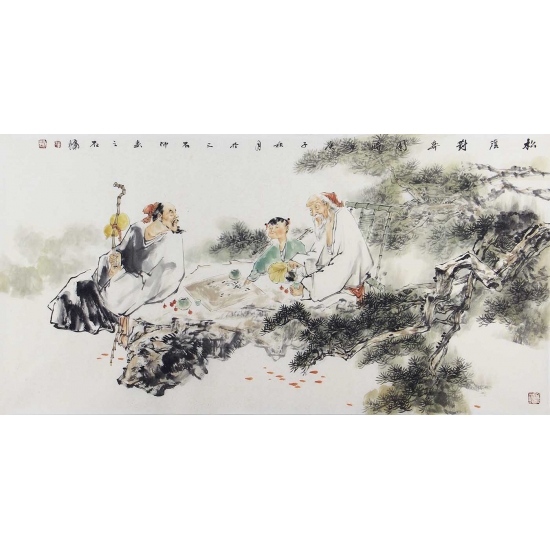 江苏美协 石慵写意四尺人物画《松蔭对弈图》 