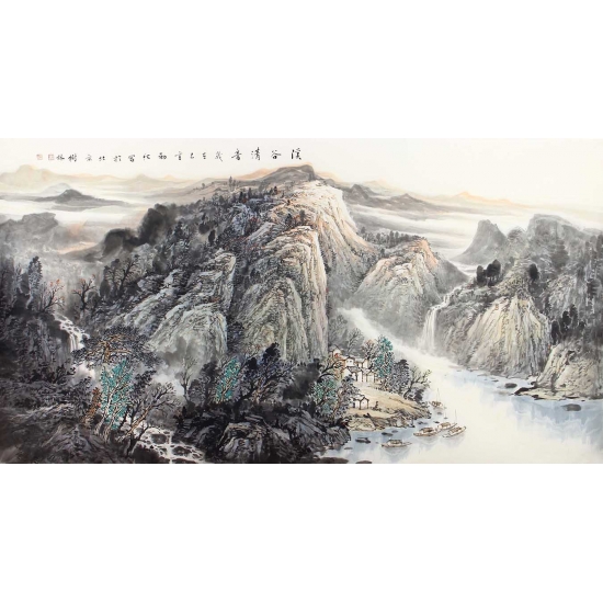 中美协会员李树林六尺横幅山水画《溪谷清音》